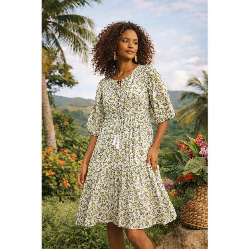 Dolma Midi Dress Size L Gauze Cotton Resortwear Green White Beach Boho Peasant